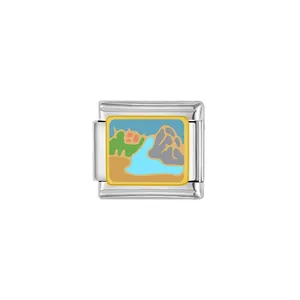 Italian charm link with colorful mountain and lake landscape design for modular bracelets.