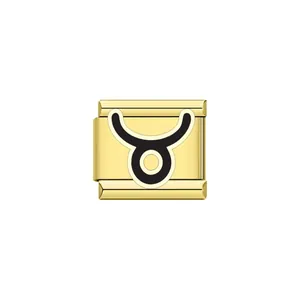 Detailed view of a gold Italian charm link featuring a black Taurus zodiac symbol
