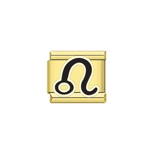 Macro view of a gold-plated stainless steel Italian charm link with Leo zodiac symbol