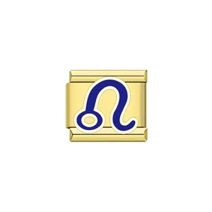 Close-up of a gold-plated Leo zodiac Italian charm link for DIY modular bracelets.