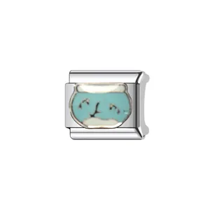 Detailed view of Italian modular charm link with light blue fishbowl design