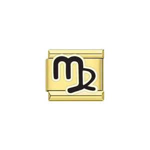 Gold-tone stainless steel Italian modular charm featuring a black Virgo zodiac symbol.