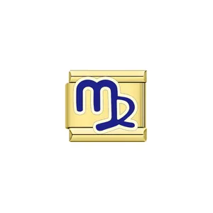 Detailed view of a golden stainless steel Italian charm with a blue Virgo zodiac symbol
