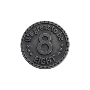 Antique silver metal pin badge with embossed 'It's great to be 8' text and number 8