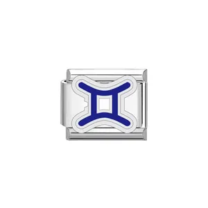 Macro view of a Gemini zodiac Italian charm link in stainless steel with blue enamel finish.