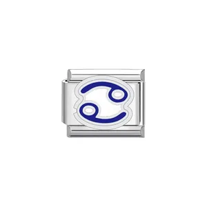 Close-up detail of stainless steel Italian charm link with blue Cancer zodiac sign
