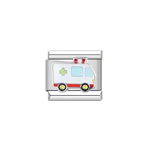 Detail view of an ambulance-themed stainless steel modular charm for DIY bracelets