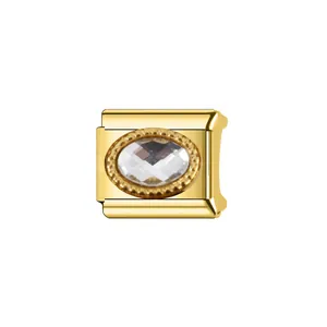 Maillon de bracelet modulaire italien doré avec une pierre de naissance ovale claire