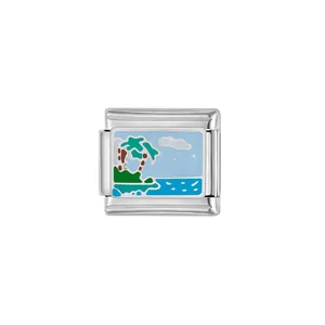 Detailed view of Italian style stainless steel charm with tropical island enamel design