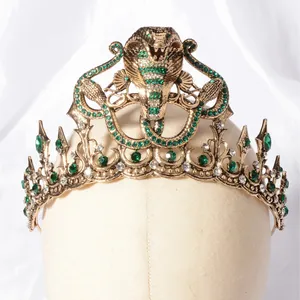 Antique gold Baroque crown with emerald green cobra snake rhinestone design for parties