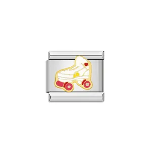 Detail view of a stainless steel modular charm with a white roller skate design