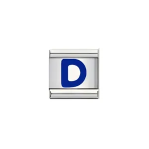 Detailansicht eines italienischen Charm-Glieds aus Edelstahl mit blauem Buchstaben D