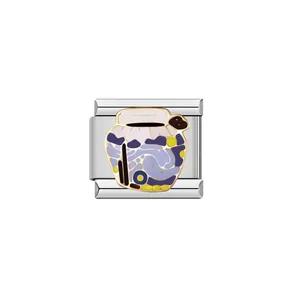Detail view of a stainless steel Italian charm link with Starry Night jar enamel art