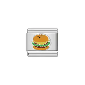 Close-up of stainless steel Italian charm link with colorful hamburger enamel design