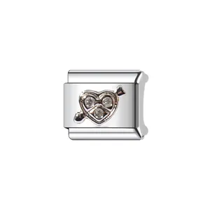 Silver heart and arrow modular link charm for Italian DIY bracelets, high polish