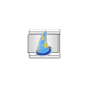 Close-up of stainless steel Italian charm featuring a blue sorcerer wizard hat