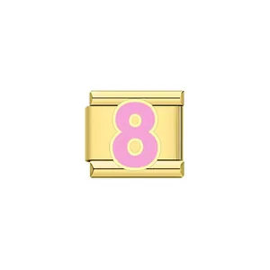 Maglia modulare premium per bracciale italiano con numero 8 in smalto rosa e oro
