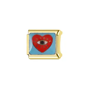 Gold Italian charm link with red heart and evil eye motif for DIY modular bracelets
