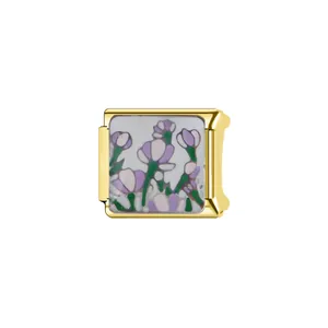 Close-up of gold-plated Italian charm module featuring purple floral enamel design