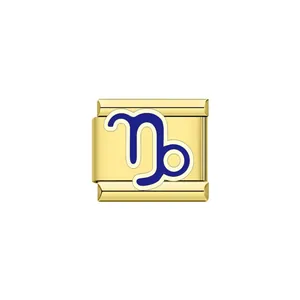 Detailed macro view of a gold-plated stainless steel Capricorn zodiac symbol Italian charm link
