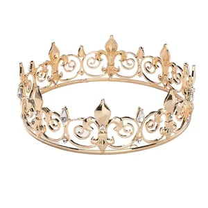 Corona de Rey Barroca Oro Flor de Lis para Hombre Vintage Aleación Diamante de Imitación Diadema Redonda para Boda Cumpleaños Fiesta Actuación Disfraz Tocado
