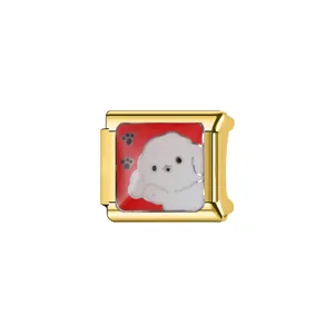 Detailed view of a gold Italian charm link featuring a cute white cartoon dog on red background
