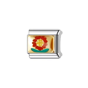 Detailed close-up of a modular Italian charm link featuring a red enamel flower design