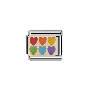 Macro detail of stainless steel modular bracelet charm with six rainbow hearts.