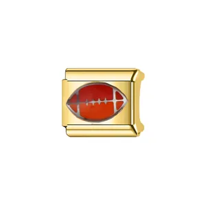 Gold-tone stainless steel Italian charm link with orange American football design