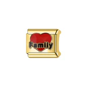 Close-up of a gold Italian modular charm link with a red heart and Family text.