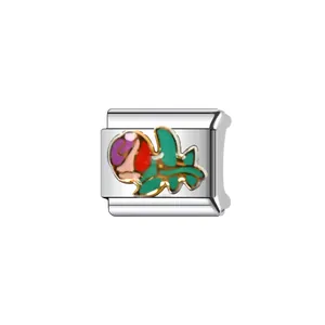 Detailed view of an Italian charm bracelet link with a colorful enamel rose design.
