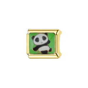 Close-up of golden stainless steel Italian charm featuring a cute panda on green