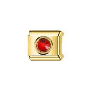 Gros plan d'un maillon de bracelet italien modulaire doré avec une pierre de naissance rouge
