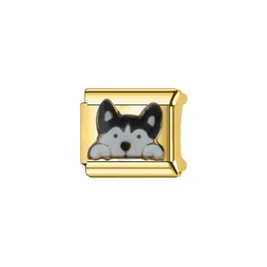 Detail view of gold Italian modular charm with a cute husky dog enamel design for DIY bracelets