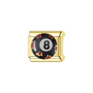 Close-up detail of stainless steel Italian charm module featuring 8-ball star pattern
