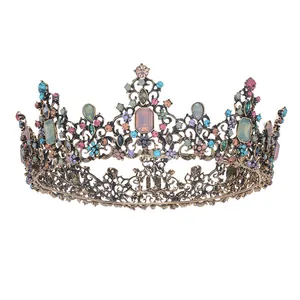 Barok Luxe Ronde Tiara Legering Meerkleurige Strass Bruid Haaraccessoire Koningin Verjaardag Verkiezing Hoofddeksel Sieraden