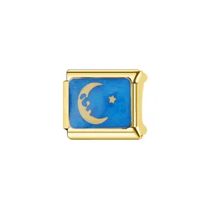 Detailed view of Italian charm link featuring a golden crescent moon and star on blue