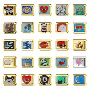 Gold Plated Stainless Steel Italian Charm Links For DIY Bracelet Making Enamel Panda Evil Eye Heart Floral Modular Jewelry Accessories