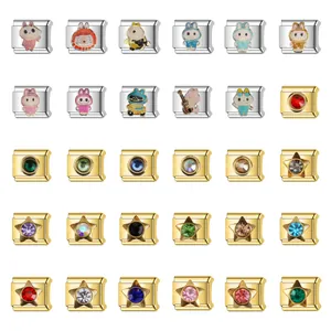 Charms Modulaires Italiens en Acier Inoxydable Maillons de Bracelet DIY Personnage de Dessin Animé Pierre de Naissance Strass Étoile Accessoires de Bijoux