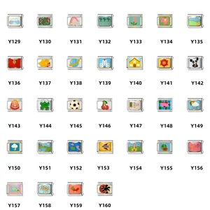 Selection of stainless steel Italian charm bracelet links with various colorful cartoon patterns