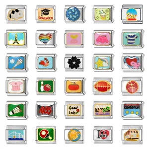 Maillons de Charmes Italiens en Acier Inoxydable pour Bracelet DIY Émail Coloré Dessin Animé Sport Motif Floral Accessoires de Bijoux Modulaires pour Femmes Hommes