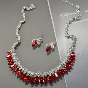 Elegant luxury bridal necklace and earrings set with red crystal for wedding party