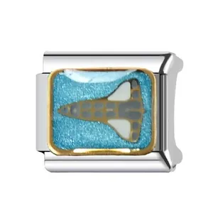 Stainless steel modular bracelet link featuring a blue glitter space shuttle design