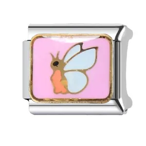 Stainless steel butterfly modular charm with pink enamel for DIY link bracelets