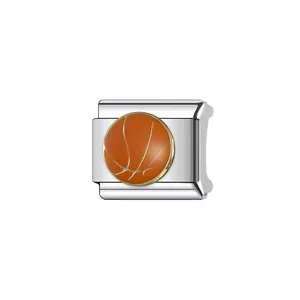 Detailed macro view of a stainless steel basketball charm for modular charm bracelets