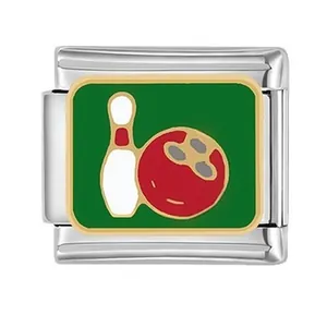 Stainless steel modular charm featuring a bowling pin and ball sports design