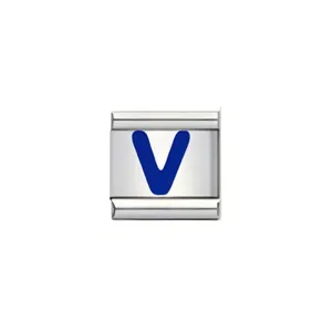 Nahaufnahme eines italienischen Charm-Links aus Edelstahl mit blauem Buchstaben V
