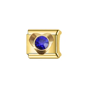 Charme en forme de cœur doré en acier avec pierre bleue pour bracelet modulaire italien.
