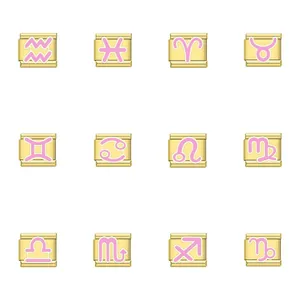 Vista dettagliata dei ciondoli zodiacali in smalto rosa da 9 mm per bracciali fai da te