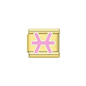 Charm modulare italiano da 9mm in oro con un simbolo zodiacale dei Pesci rosa